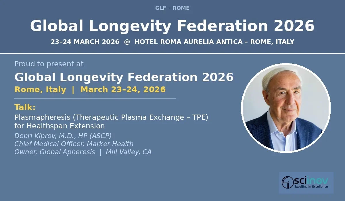 Dr. Dobri Kiprov presenting on therapeutic plasma exchange at the Global Longevity Federation 2026 in Rome